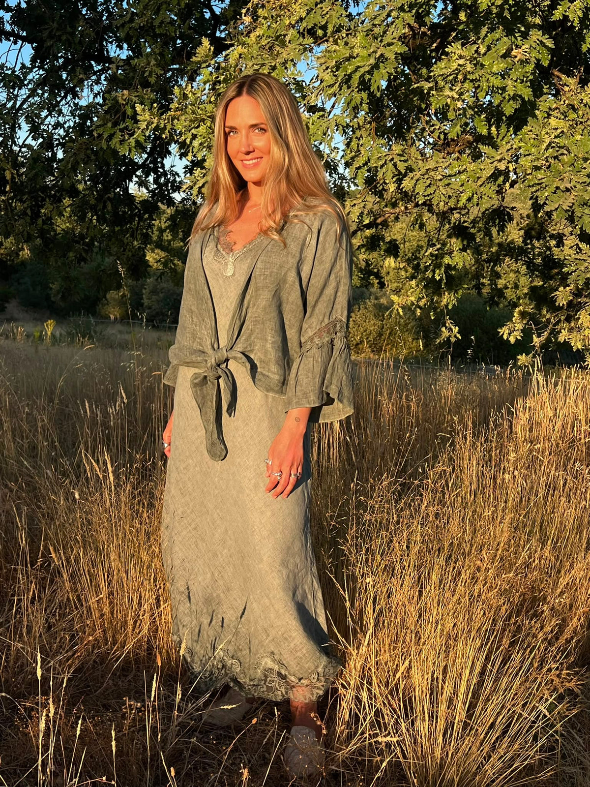 Vestido kimono lino verde oliva