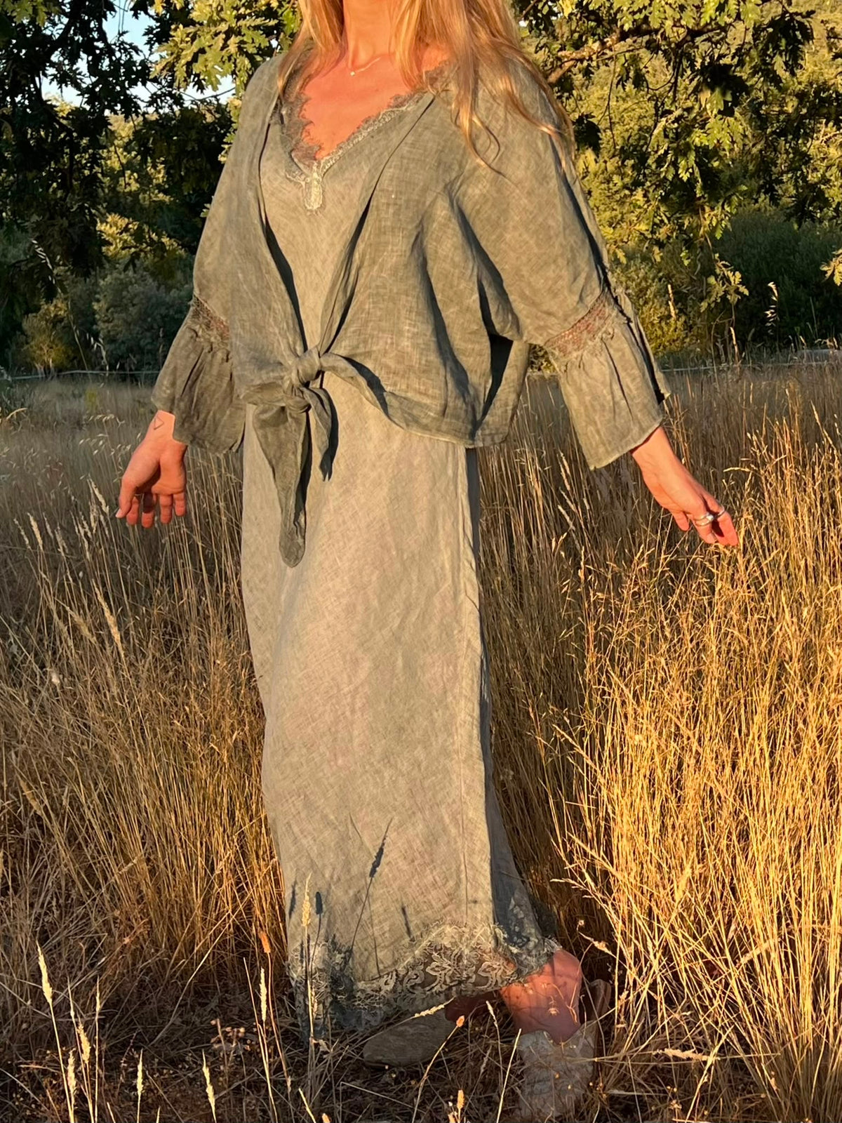 Vestido kimono lino verde oliva